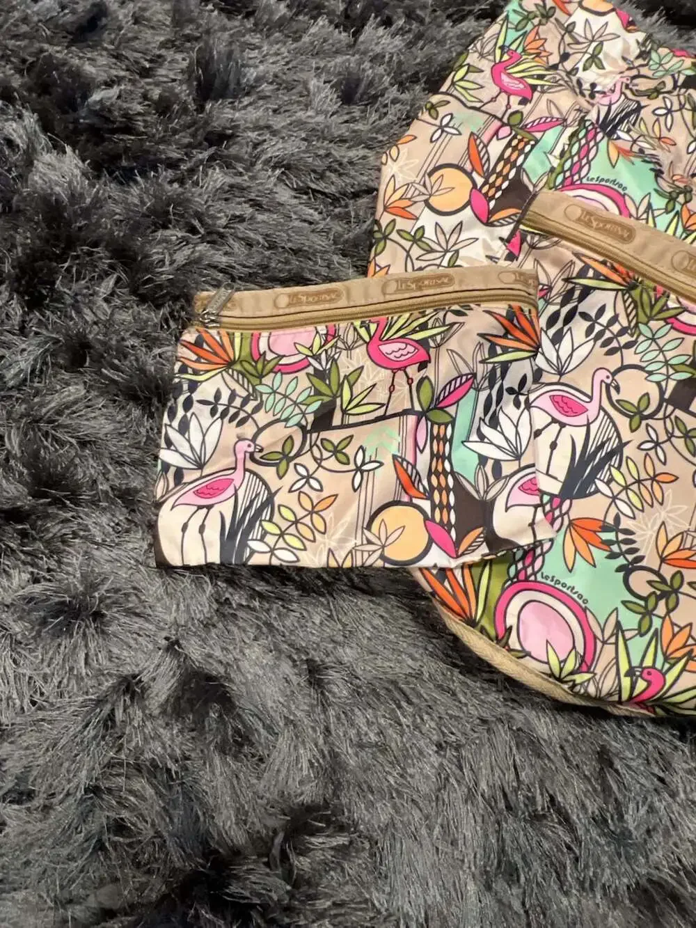 LeSportsac Tropical Flamingo Botanical Print Backpack and Pouch Set